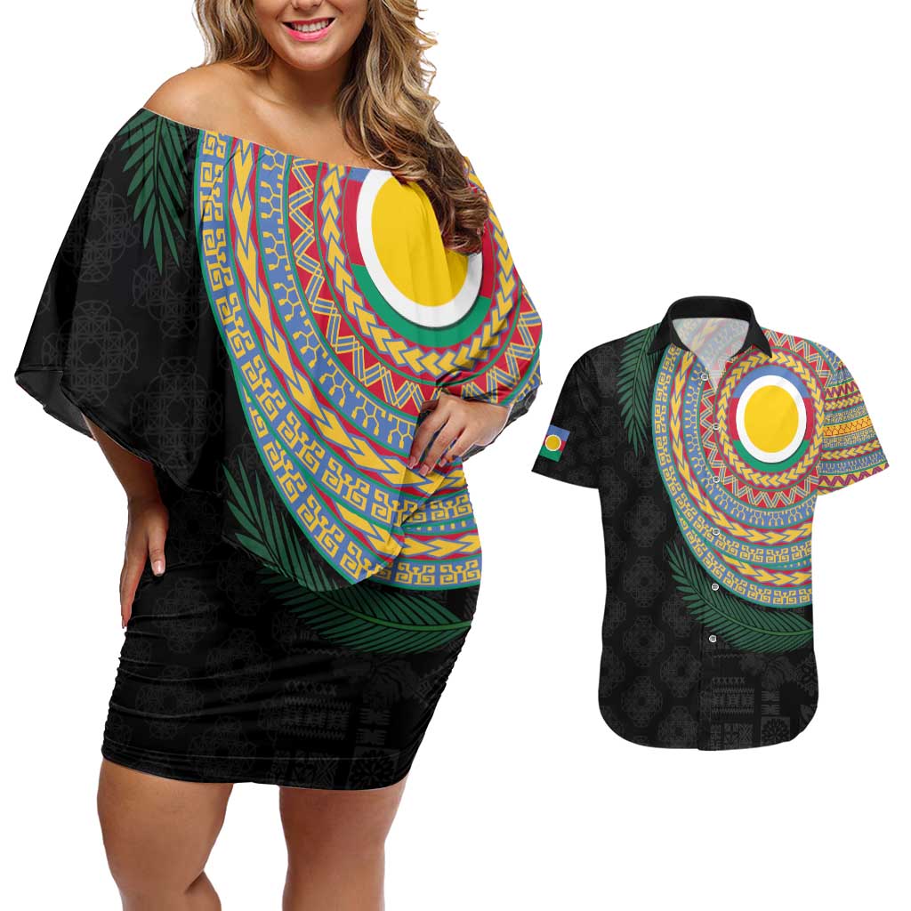 Shefa Tribal Tattoo with Namele Leaves Couples Matching Off Shoulder Short Dress and Hawaiian Shirt LT03 Black - Polynesian Pride