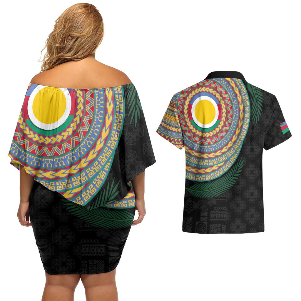 Shefa Tribal Tattoo with Namele Leaves Couples Matching Off Shoulder Short Dress and Hawaiian Shirt LT03 - Polynesian Pride