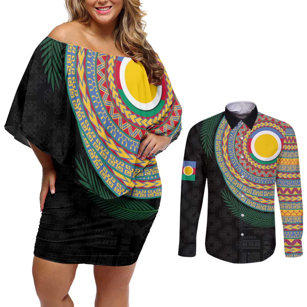 Shefa Tribal Tattoo with Namele Leaves Couples Matching Off Shoulder Short Dress and Long Sleeve Button Shirt LT03 Black - Polynesian Pride