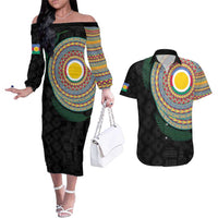 Shefa Tribal Tattoo with Namele Leaves Couples Matching Off The Shoulder Long Sleeve Dress and Hawaiian Shirt LT03 Black - Polynesian Pride
