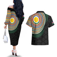 Shefa Tribal Tattoo with Namele Leaves Couples Matching Off The Shoulder Long Sleeve Dress and Hawaiian Shirt LT03 - Polynesian Pride