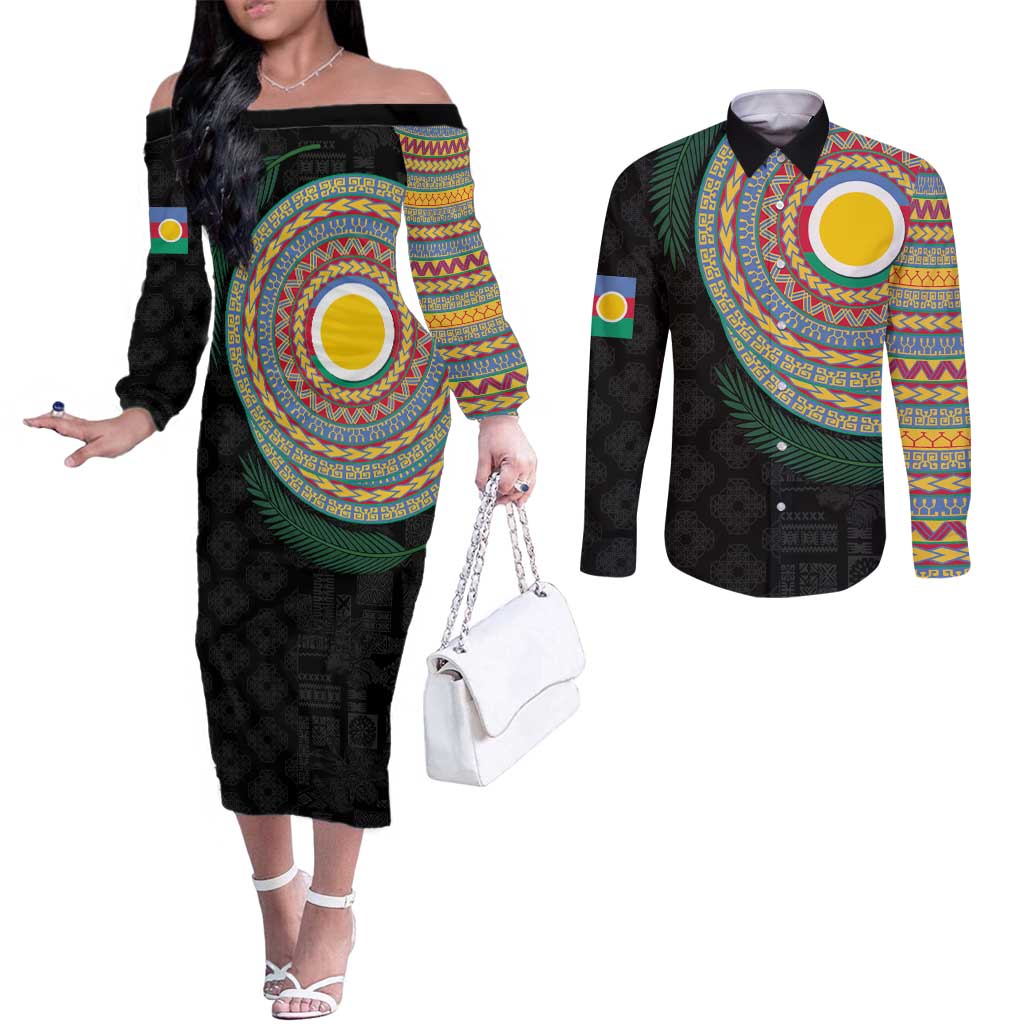 Shefa Tribal Tattoo with Namele Leaves Couples Matching Off The Shoulder Long Sleeve Dress and Long Sleeve Button Shirt LT03 Black - Polynesian Pride