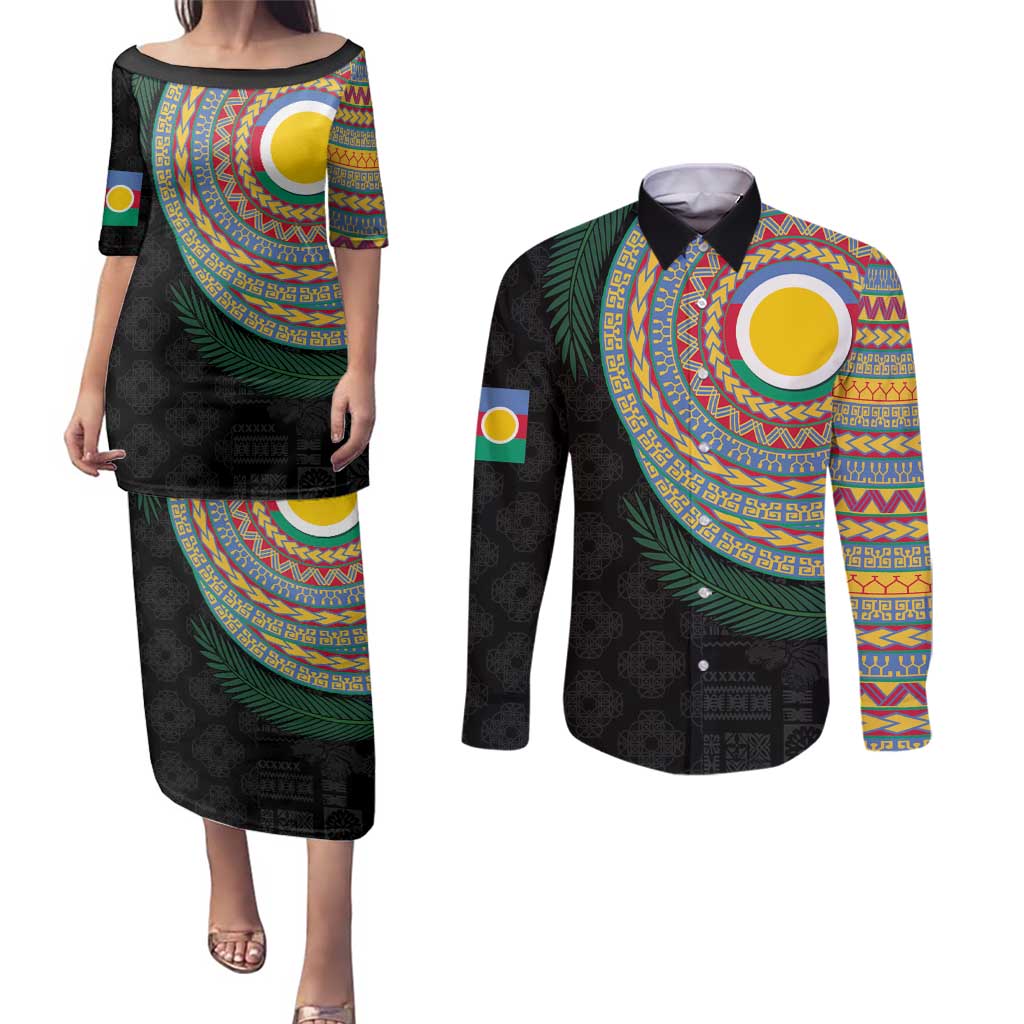 Shefa Tribal Tattoo with Namele Leaves Couples Matching Puletasi and Long Sleeve Button Shirt LT03 Black - Polynesian Pride