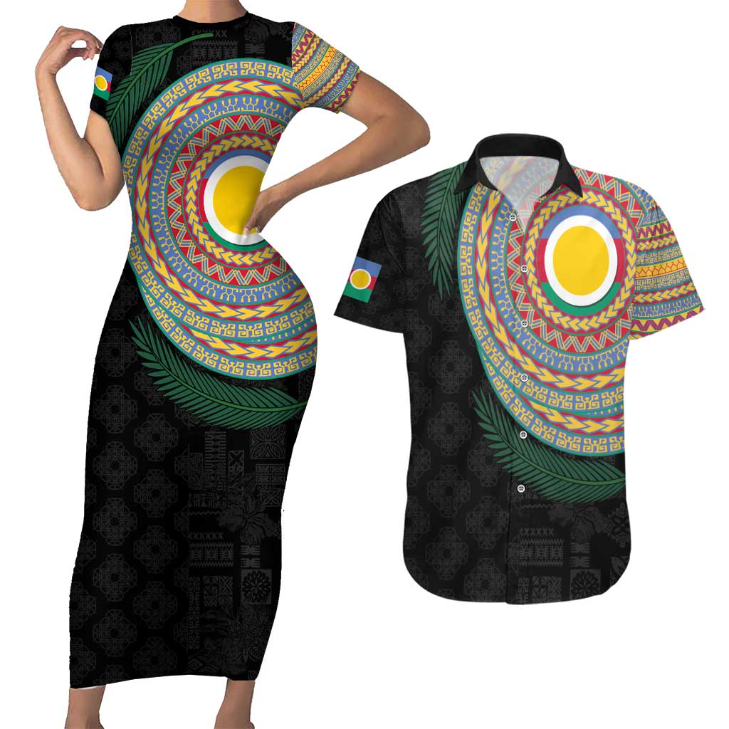 Shefa Tribal Tattoo with Namele Leaves Couples Matching Short Sleeve Bodycon Dress and Hawaiian Shirt LT03 Black - Polynesian Pride