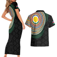 Shefa Tribal Tattoo with Namele Leaves Couples Matching Short Sleeve Bodycon Dress and Hawaiian Shirt LT03 - Polynesian Pride