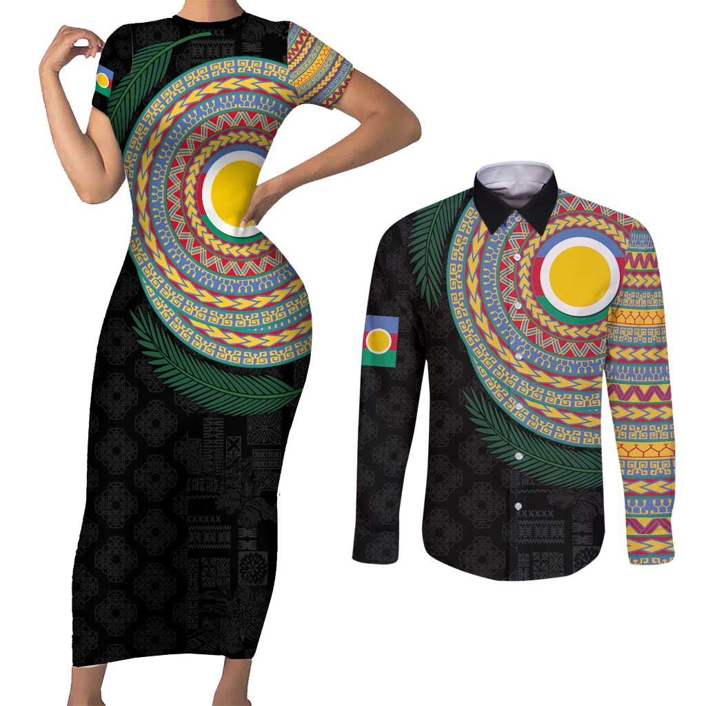 Shefa Tribal Tattoo with Namele Leaves Couples Matching Short Sleeve Bodycon Dress and Long Sleeve Button Shirt LT03 Black - Polynesian Pride