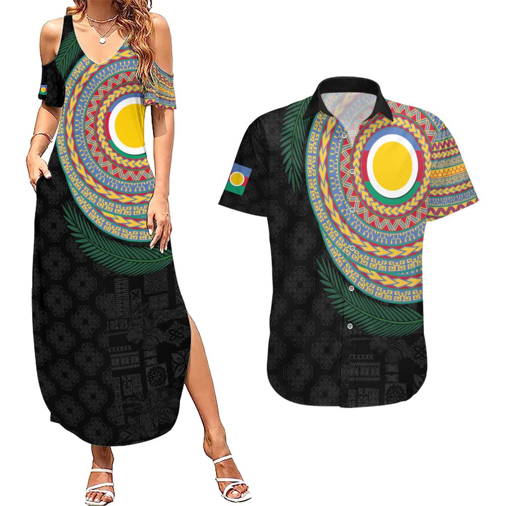 Shefa Tribal Tattoo with Namele Leaves Couples Matching Summer Maxi Dress and Hawaiian Shirt LT03 Black - Polynesian Pride
