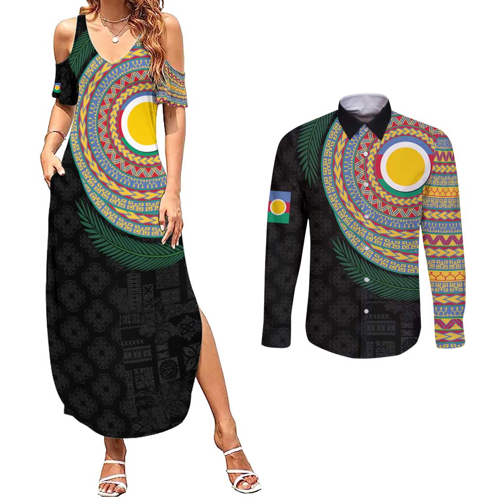 Shefa Tribal Tattoo with Namele Leaves Couples Matching Summer Maxi Dress and Long Sleeve Button Shirt LT03 Black - Polynesian Pride