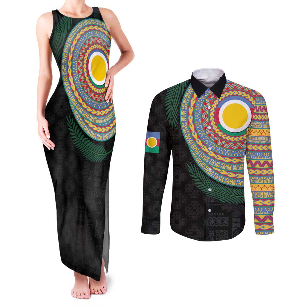Shefa Tribal Tattoo with Namele Leaves Couples Matching Tank Maxi Dress and Long Sleeve Button Shirt LT03 Black - Polynesian Pride