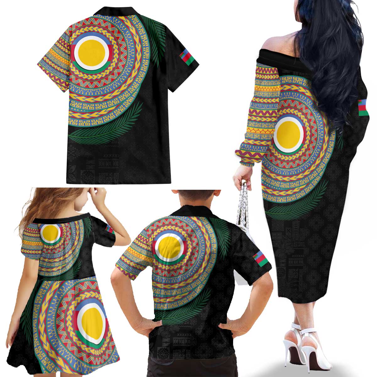 Shefa Tribal Tattoo with Namele Leaves Family Matching Off The Shoulder Long Sleeve Dress and Hawaiian Shirt LT03 - Polynesian Pride