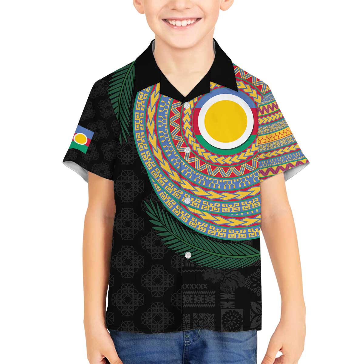 Shefa Tribal Tattoo with Namele Leaves Family Matching Off The Shoulder Long Sleeve Dress and Hawaiian Shirt LT03 Son's Shirt Black - Polynesian Pride