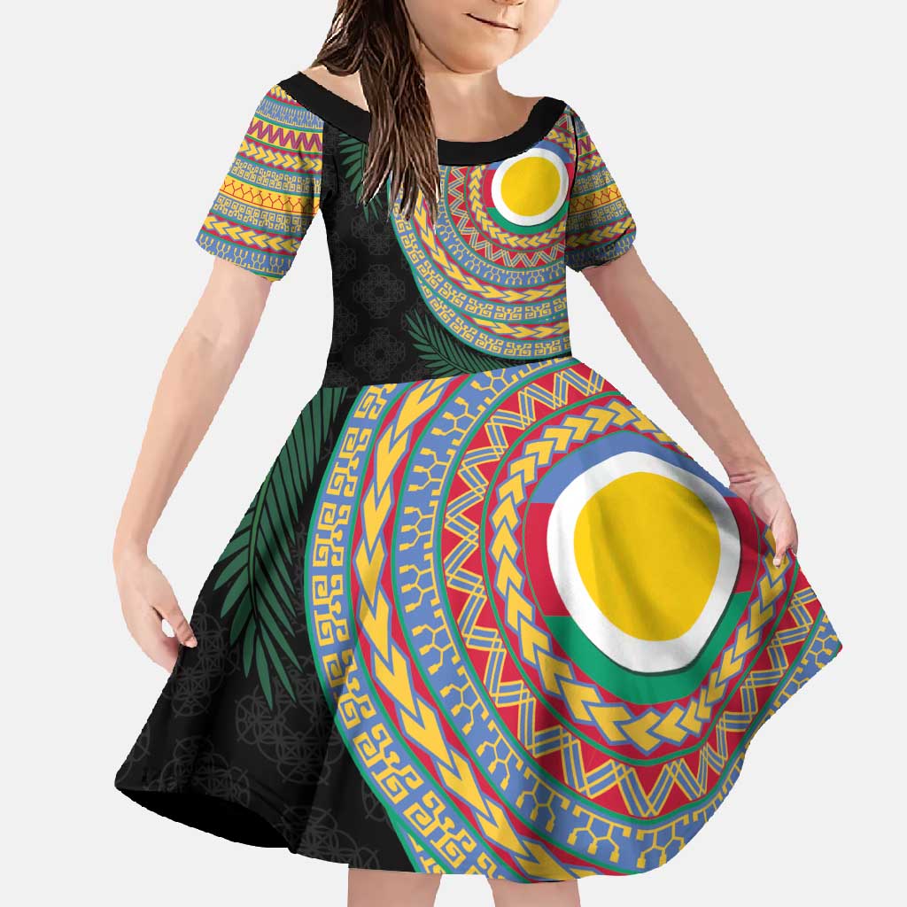 Shefa Tribal Tattoo with Namele Leaves Family Matching Off Shoulder Maxi Dress and Hawaiian Shirt LT03 Daughter's Dress Black - Polynesian Pride