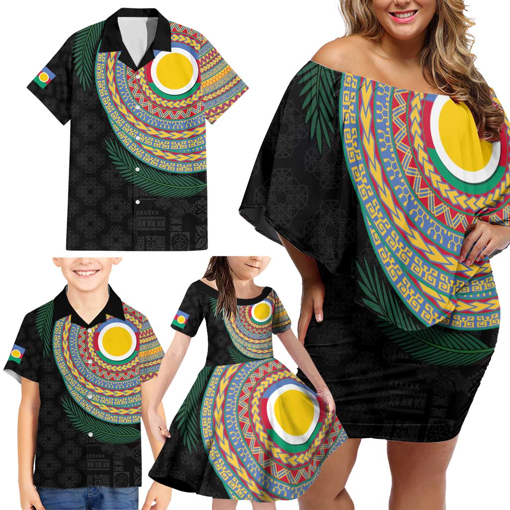 Shefa Tribal Tattoo with Namele Leaves Family Matching Off Shoulder Short Dress and Hawaiian Shirt LT03 - Polynesian Pride