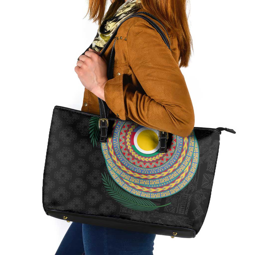 Shefa Tribal Tattoo with Namele Leaves Leather Tote Bag LT03 Black - Polynesian Pride