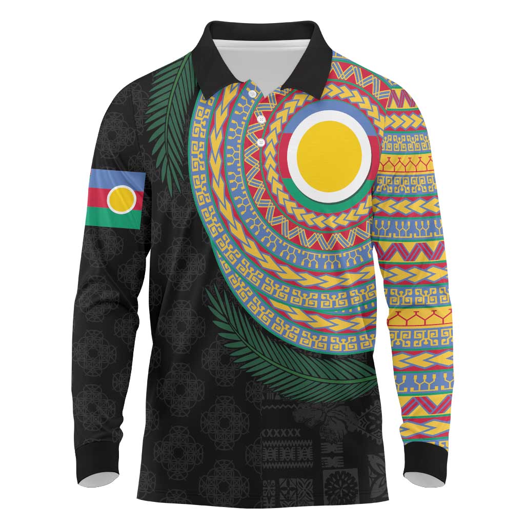 Shefa Tribal Tattoo with Namele Leaves Long Sleeve Polo Shirt LT03 Black - Polynesian Pride