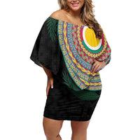 Shefa Tribal Tattoo with Namele Leaves Off Shoulder Short Dress