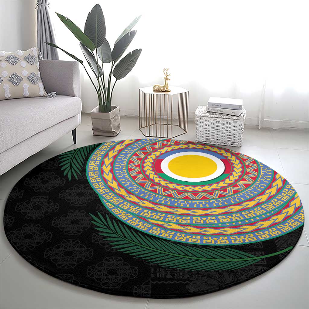 Shefa Tribal Tattoo with Namele Leaves Round Carpet