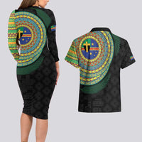 Tafea Tribal Tattoo with Namele Leaves Couples Matching Long Sleeve Bodycon Dress and Hawaiian Shirt LT03 - Polynesian Pride