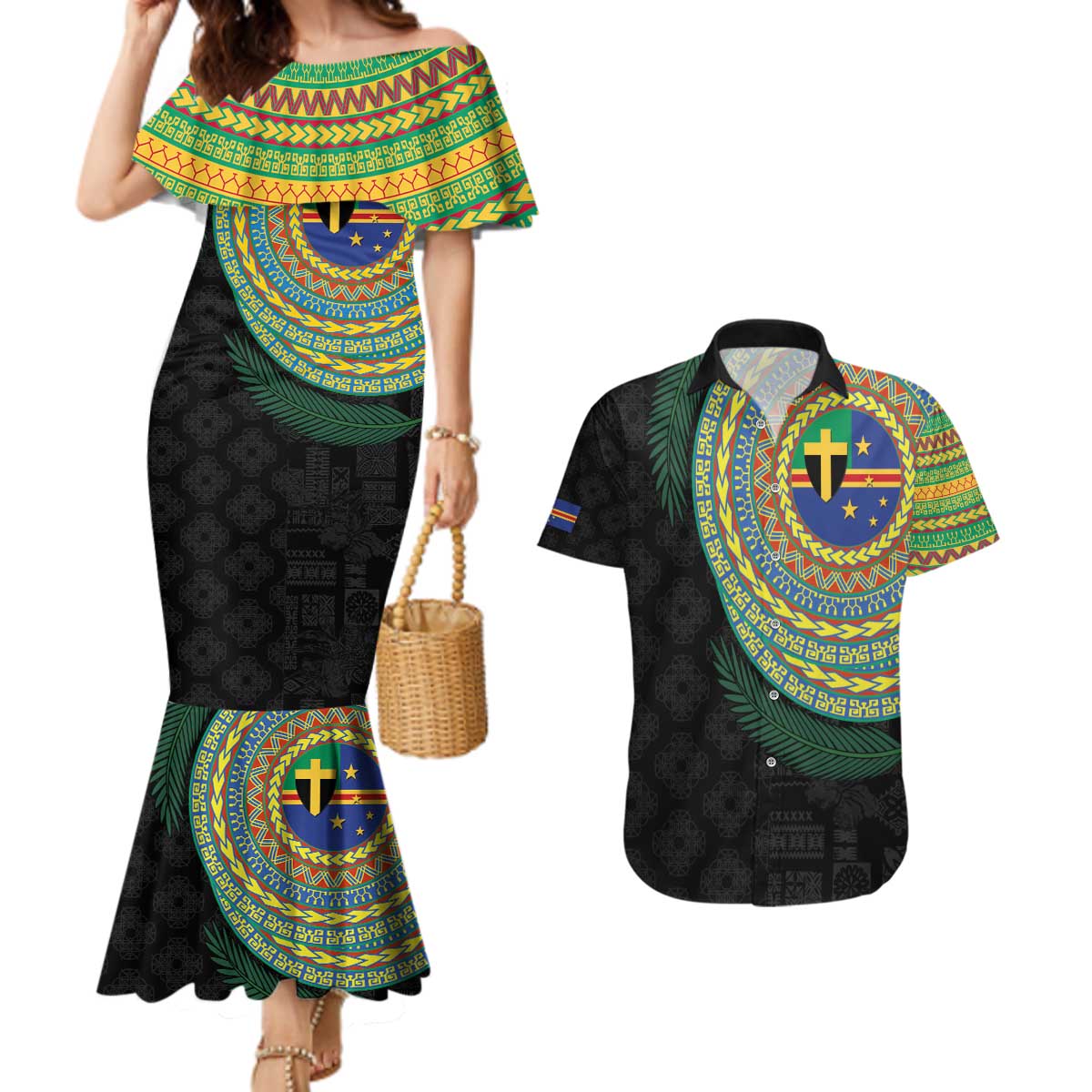 Tafea Tribal Tattoo with Namele Leaves Couples Matching Mermaid Dress and Hawaiian Shirt LT03 Black - Polynesian Pride