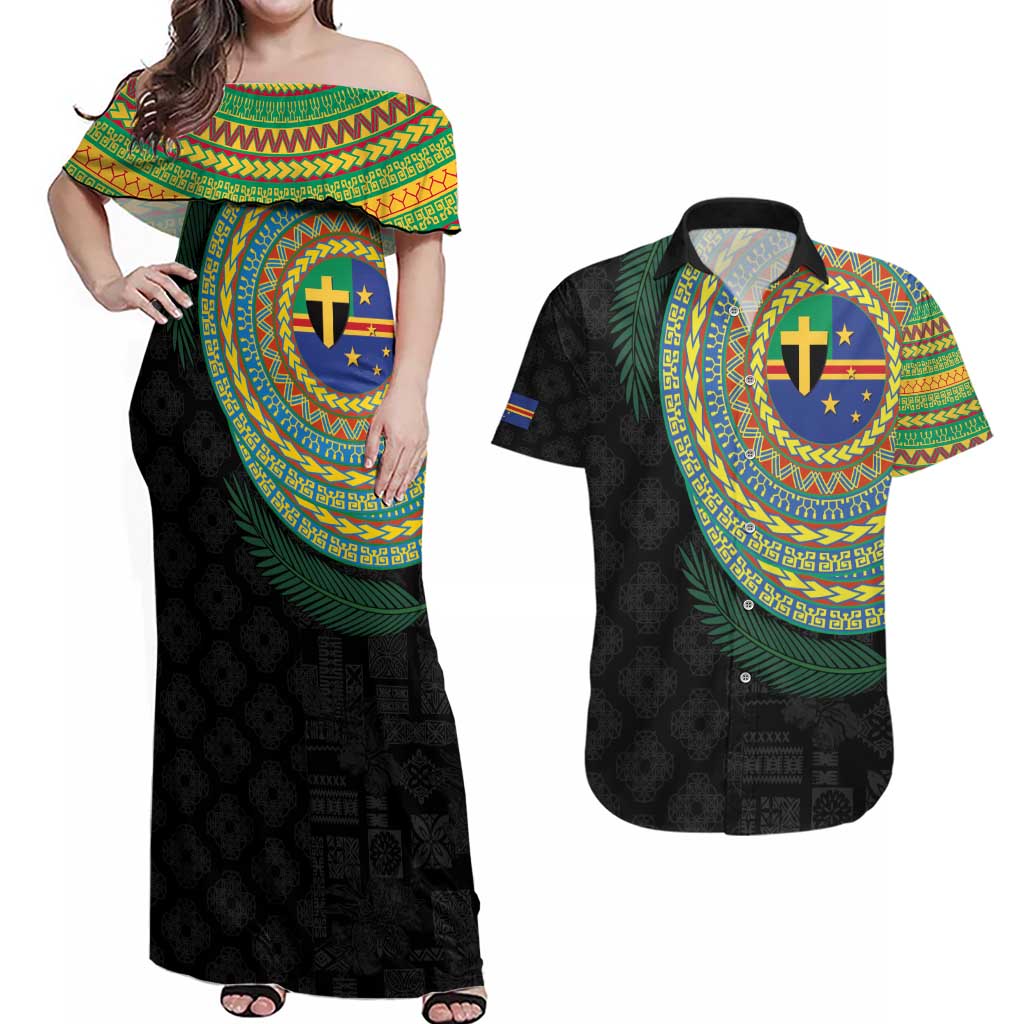 Tafea Tribal Tattoo with Namele Leaves Couples Matching Off Shoulder Maxi Dress and Hawaiian Shirt LT03 Black - Polynesian Pride
