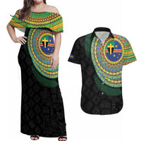 Tafea Tribal Tattoo with Namele Leaves Couples Matching Off Shoulder Maxi Dress and Hawaiian Shirt LT03 Black - Polynesian Pride