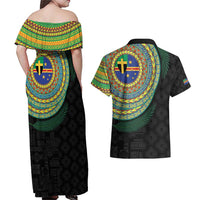 Tafea Tribal Tattoo with Namele Leaves Couples Matching Off Shoulder Maxi Dress and Hawaiian Shirt LT03 - Polynesian Pride