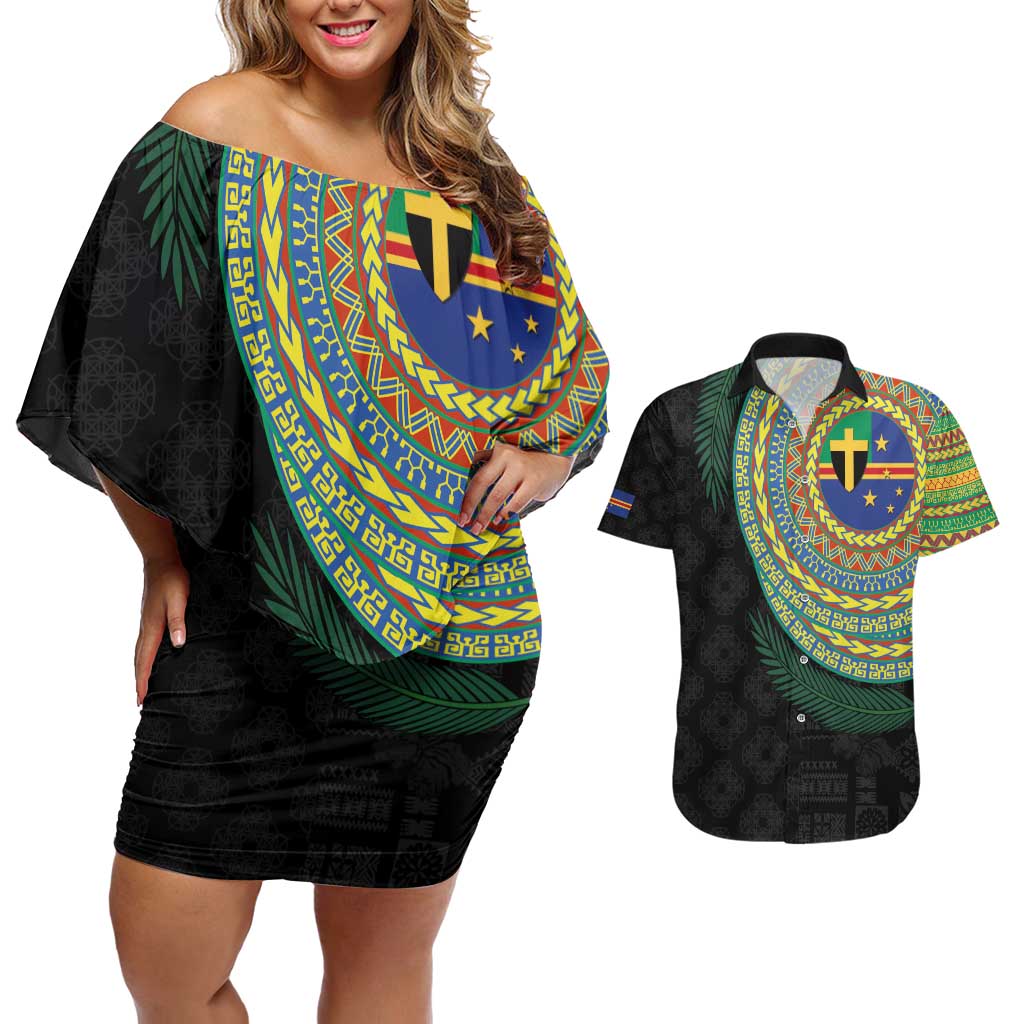 Tafea Tribal Tattoo with Namele Leaves Couples Matching Off Shoulder Short Dress and Hawaiian Shirt LT03 Black - Polynesian Pride