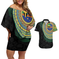 Tafea Tribal Tattoo with Namele Leaves Couples Matching Off Shoulder Short Dress and Hawaiian Shirt LT03 Black - Polynesian Pride
