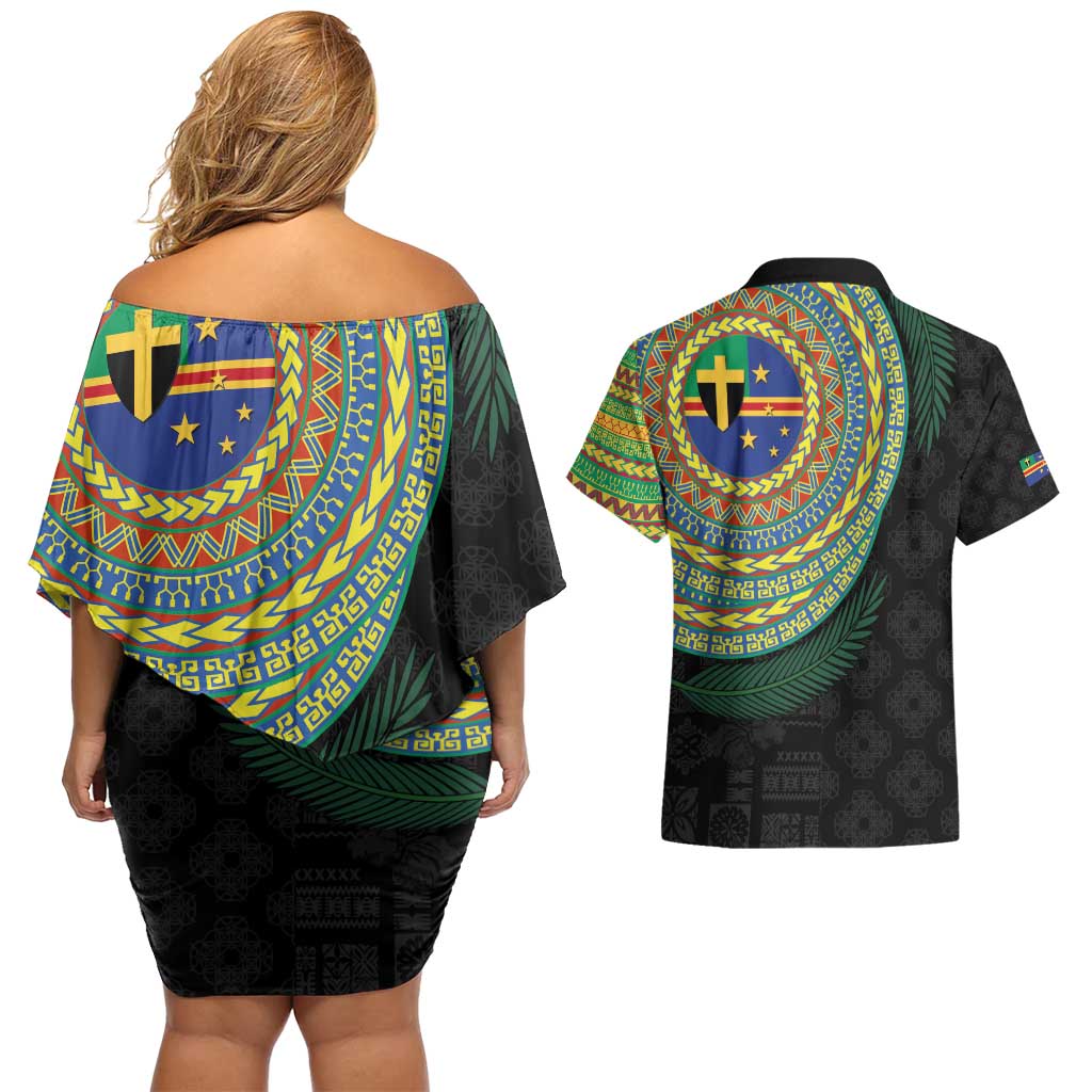 Tafea Tribal Tattoo with Namele Leaves Couples Matching Off Shoulder Short Dress and Hawaiian Shirt LT03 - Polynesian Pride