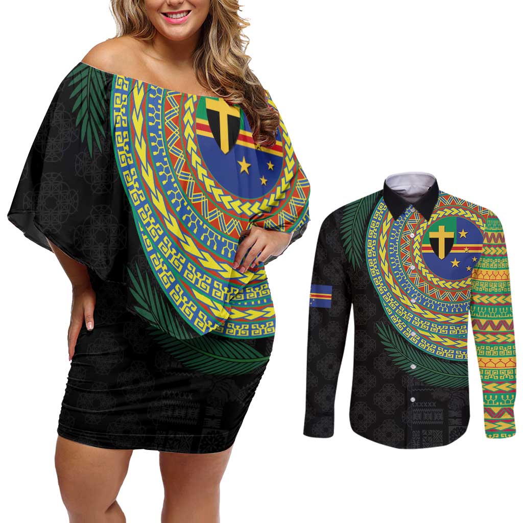 Tafea Tribal Tattoo with Namele Leaves Couples Matching Off Shoulder Short Dress and Long Sleeve Button Shirt LT03 Black - Polynesian Pride