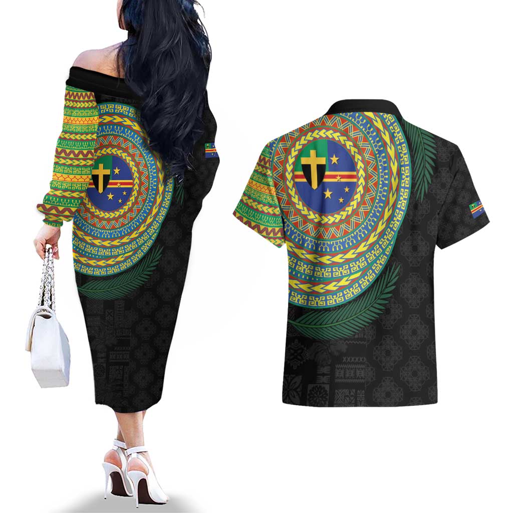 Tafea Tribal Tattoo with Namele Leaves Couples Matching Off The Shoulder Long Sleeve Dress and Hawaiian Shirt LT03 - Polynesian Pride