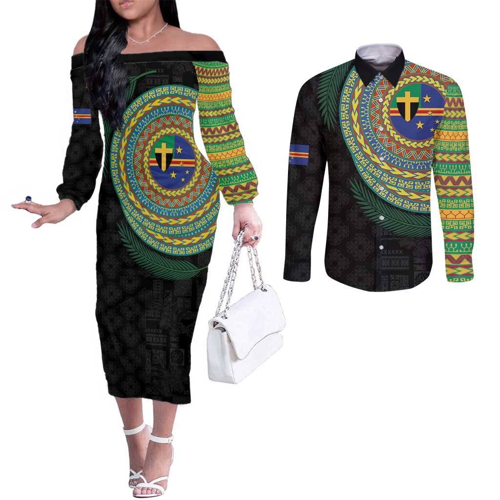 Tafea Tribal Tattoo with Namele Leaves Couples Matching Off The Shoulder Long Sleeve Dress and Long Sleeve Button Shirt LT03 Black - Polynesian Pride