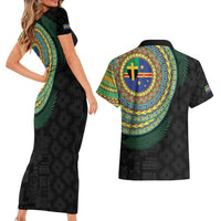 Tafea Tribal Tattoo with Namele Leaves Couples Matching Short Sleeve Bodycon Dress and Hawaiian Shirt LT03 - Polynesian Pride