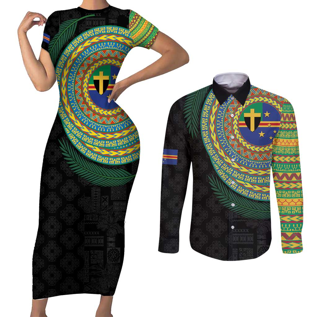 Tafea Tribal Tattoo with Namele Leaves Couples Matching Short Sleeve Bodycon Dress and Long Sleeve Button Shirt LT03 Black - Polynesian Pride
