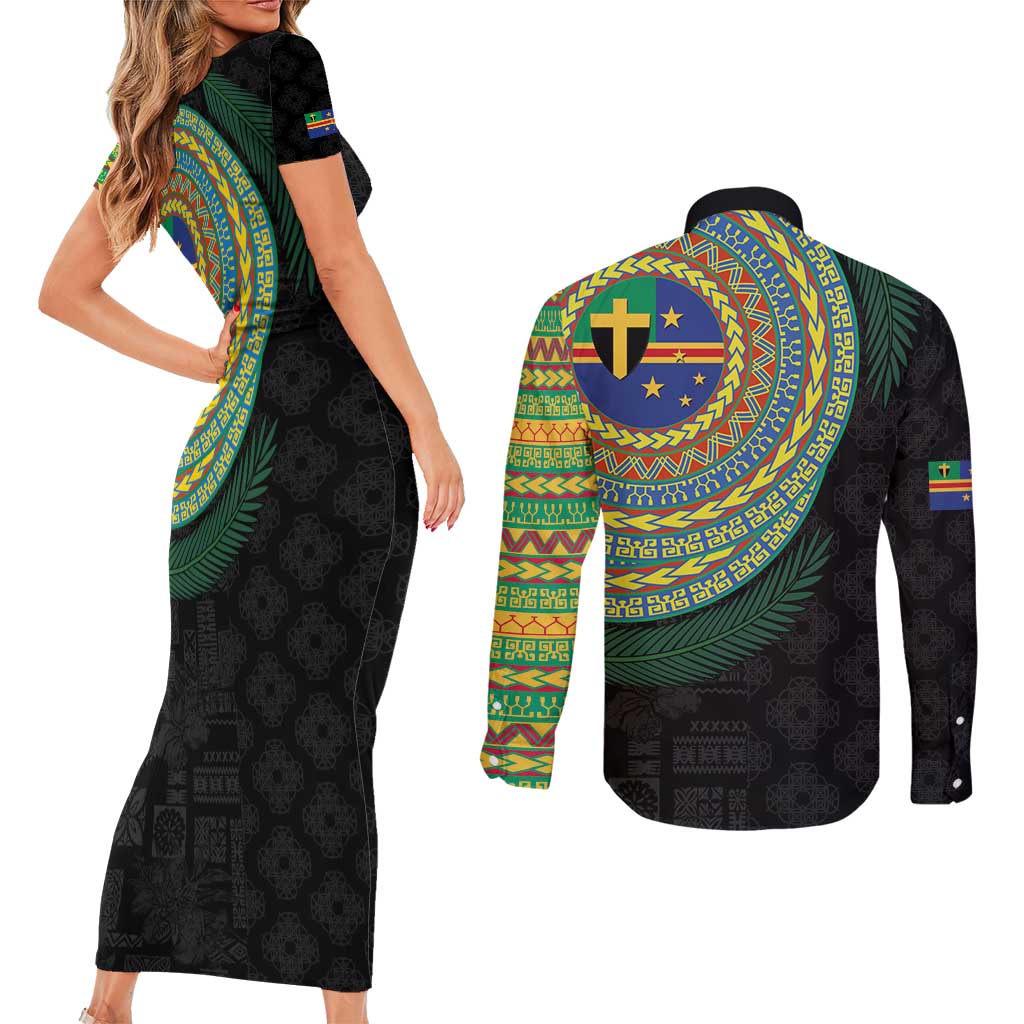 Tafea Tribal Tattoo with Namele Leaves Couples Matching Short Sleeve Bodycon Dress and Long Sleeve Button Shirt LT03 - Polynesian Pride