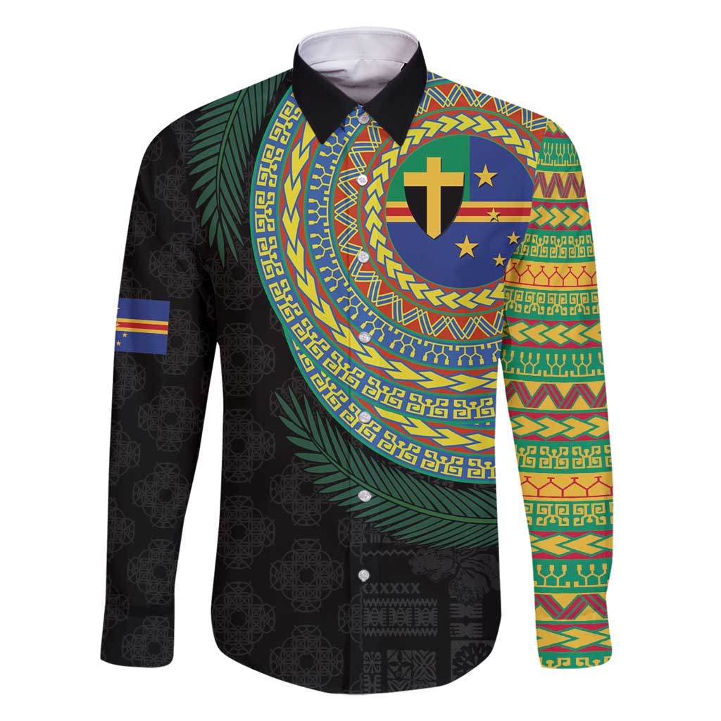 Tafea Tribal Tattoo with Namele Leaves Family Matching Long Sleeve Bodycon Dress and Hawaiian Shirt LT03 Dad's Shirt - Long Sleeve Black - Polynesian Pride