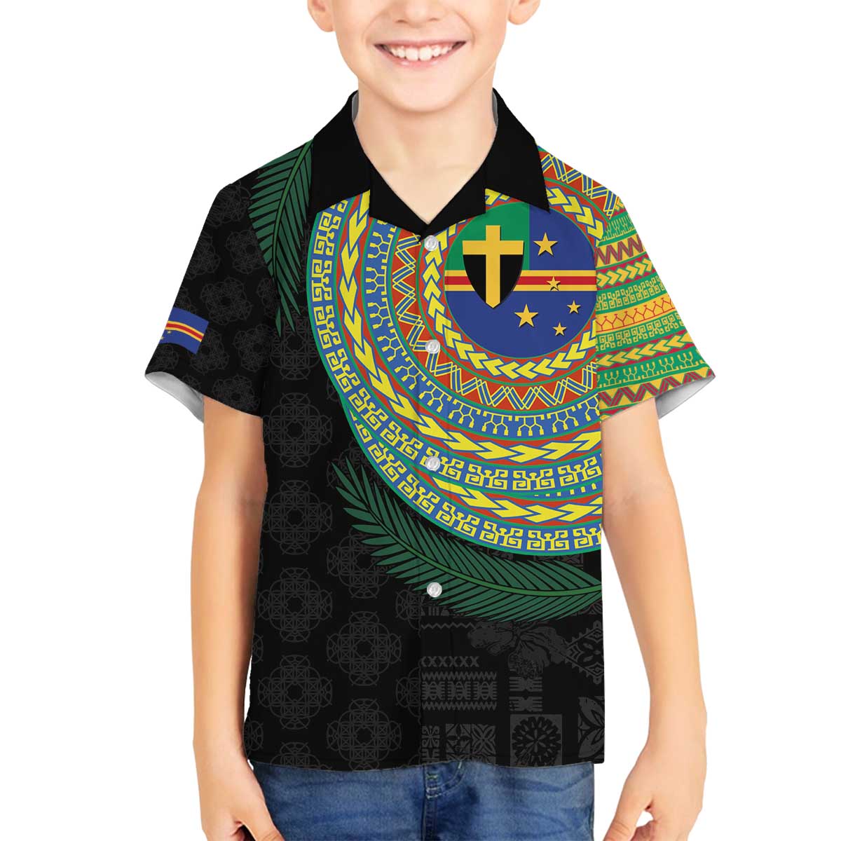 Tafea Tribal Tattoo with Namele Leaves Family Matching Off The Shoulder Long Sleeve Dress and Hawaiian Shirt LT03 Son's Shirt Black - Polynesian Pride