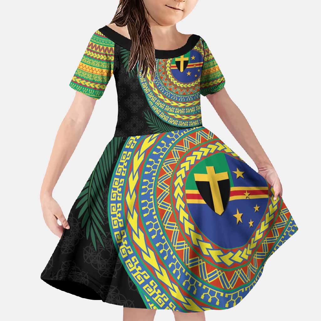 Tafea Tribal Tattoo with Namele Leaves Family Matching Off Shoulder Maxi Dress and Hawaiian Shirt LT03 Daughter's Dress Black - Polynesian Pride