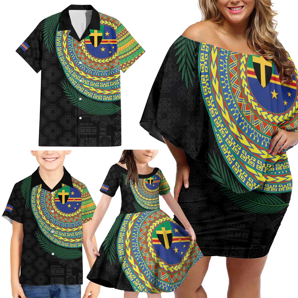 Tafea Tribal Tattoo with Namele Leaves Family Matching Off Shoulder Short Dress and Hawaiian Shirt LT03 - Polynesian Pride