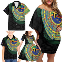 Tafea Tribal Tattoo with Namele Leaves Family Matching Off Shoulder Short Dress and Hawaiian Shirt LT03 - Polynesian Pride