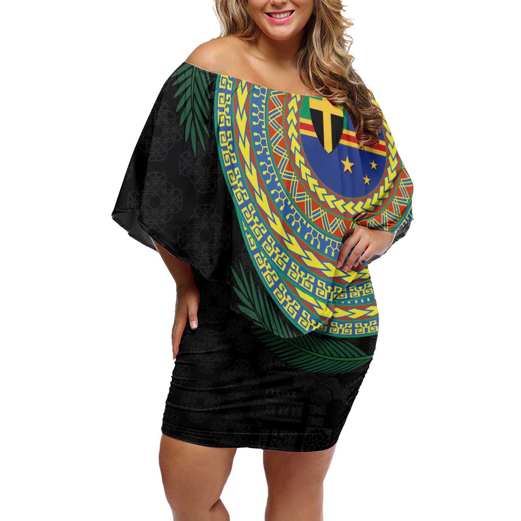 Tafea Tribal Tattoo with Namele Leaves Family Matching Off Shoulder Short Dress and Hawaiian Shirt LT03 Mom's Dress Black - Polynesian Pride