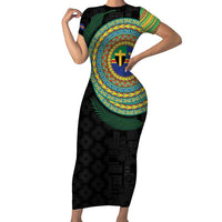 Tafea Tribal Tattoo with Namele Leaves Family Matching Short Sleeve Bodycon Dress and Hawaiian Shirt LT03 Mom's Dress Black - Polynesian Pride