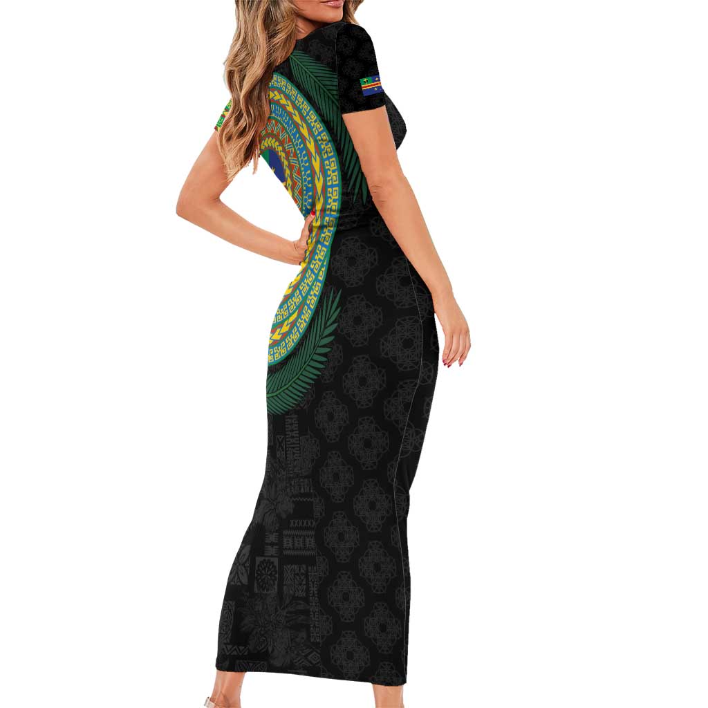 Tafea Tribal Tattoo with Namele Leaves Family Matching Short Sleeve Bodycon Dress and Hawaiian Shirt LT03 - Polynesian Pride