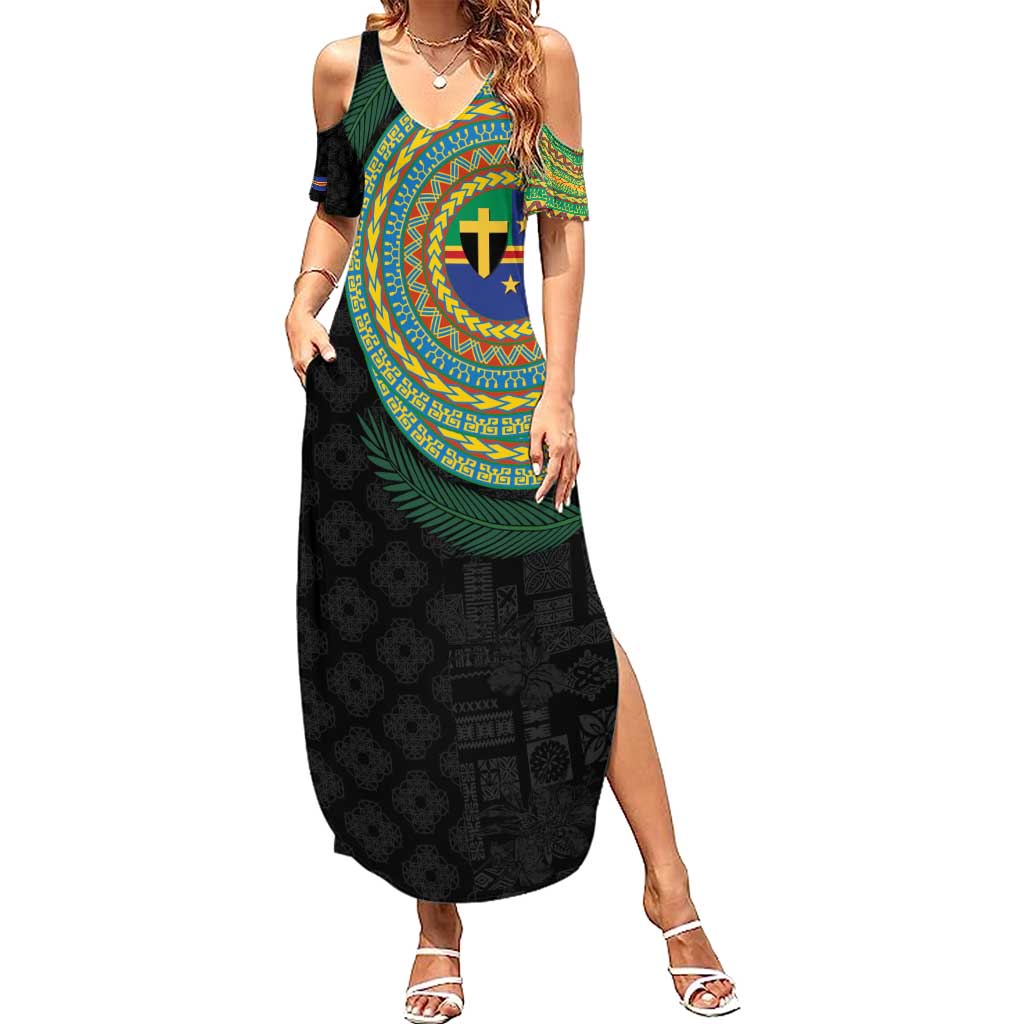 Tafea Tribal Tattoo with Namele Leaves Family Matching Summer Maxi Dress and Hawaiian Shirt LT03 Mom's Dress Black - Polynesian Pride