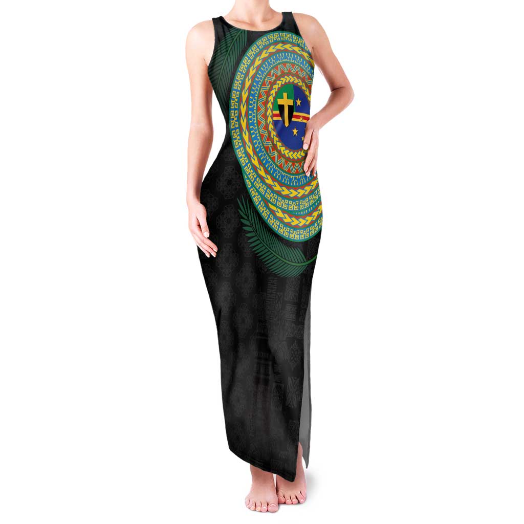 Tafea Tribal Tattoo with Namele Leaves Family Matching Tank Maxi Dress and Hawaiian Shirt LT03 Mom's Dress Black - Polynesian Pride
