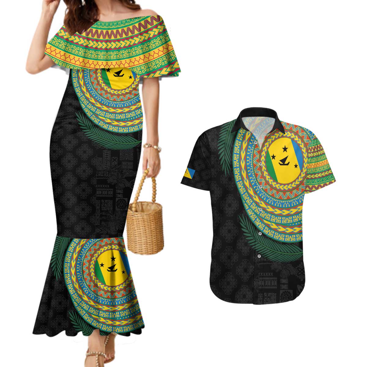 Malampa Tribal Tattoo with Namele Leaves Couples Matching Mermaid Dress and Hawaiian Shirt LT03 Black - Polynesian Pride