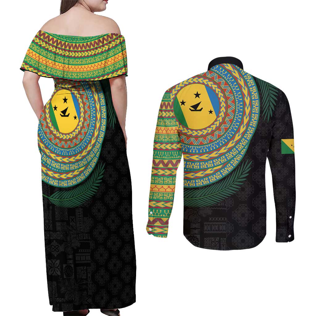 Malampa Tribal Tattoo with Namele Leaves Couples Matching Off Shoulder Maxi Dress and Long Sleeve Button Shirt LT03 - Polynesian Pride