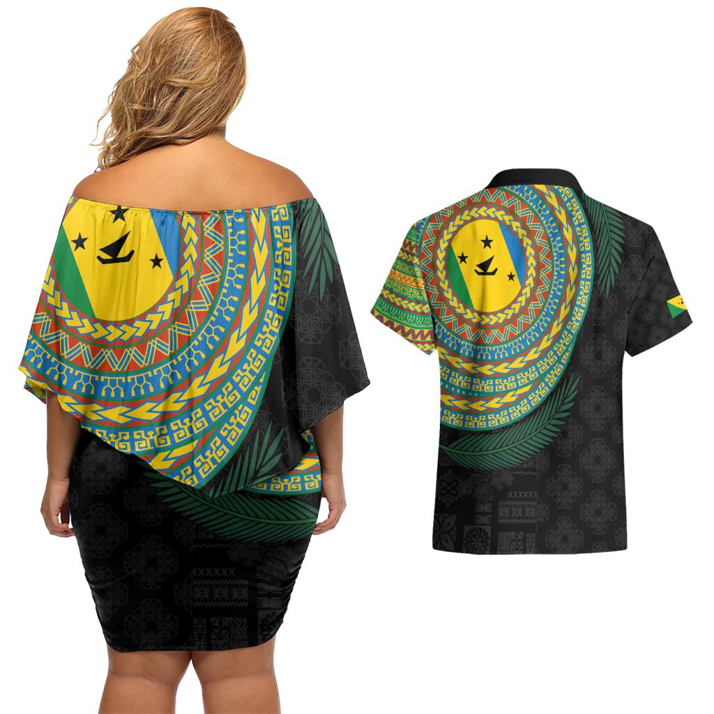 Malampa Tribal Tattoo with Namele Leaves Couples Matching Off Shoulder Short Dress and Hawaiian Shirt LT03 - Polynesian Pride