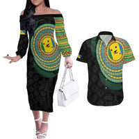 Malampa Tribal Tattoo with Namele Leaves Couples Matching Off The Shoulder Long Sleeve Dress and Hawaiian Shirt LT03 Black - Polynesian Pride