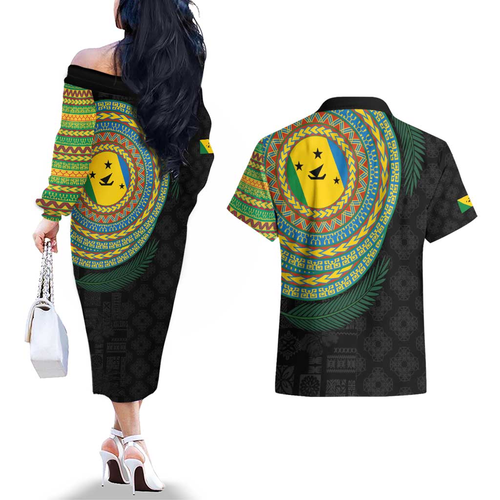 Malampa Tribal Tattoo with Namele Leaves Couples Matching Off The Shoulder Long Sleeve Dress and Hawaiian Shirt LT03 - Polynesian Pride